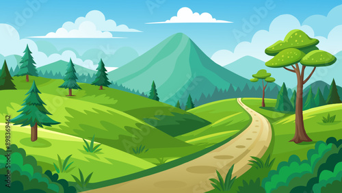 Wallpaper Mural Beautiful nature landscape with green grass,  hill, trees, and footpath vector illustration  Torontodigital.ca