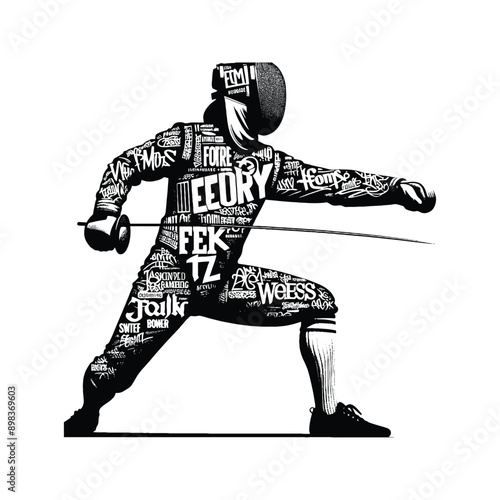 Fencing  female player in graffiti tags, street art pattern illustration, emblem shield badge