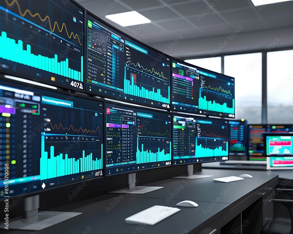 An advanced hospital control room with multiple screens displaying patient safety data and real-time health alerts. An advanced hospital control room with multiple screens displaying patient safety data and real-time health alerts.