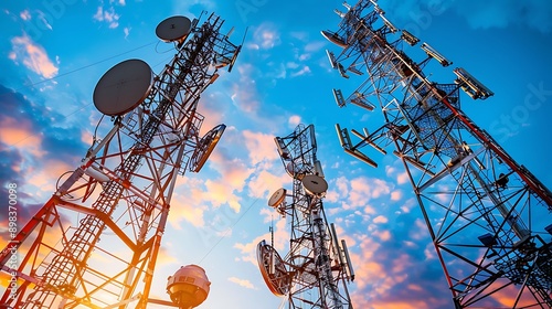 Telecommunication network infrastructure displayed with cell towers fiber optic cables and satellite communication in a setting of advanced communication technology