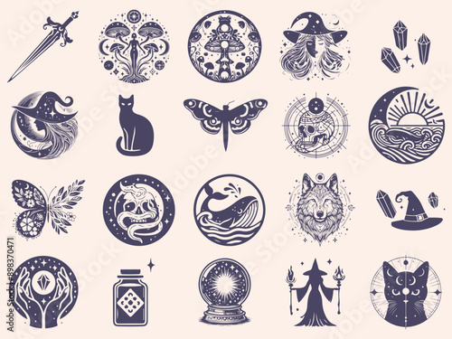 Set of mystical symbols, moon phases, crystals, witchy hands, crystal balls, wolf, mushroom, poison, celestial tattoo silhouette