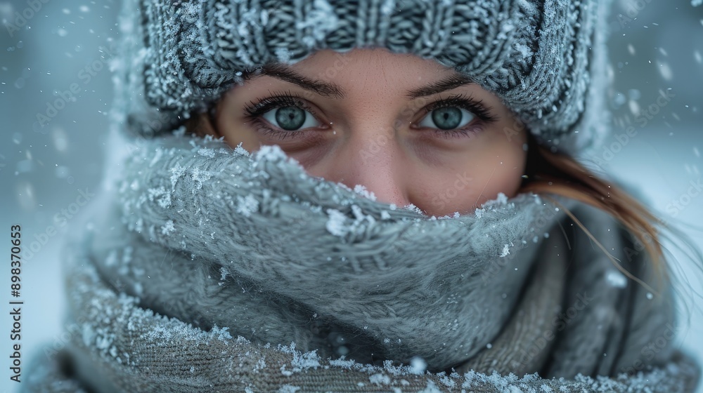 A person wrapped in a warm scarf and hat on a snowy day A person wrapped in a warm scarf and hat on a snowy day