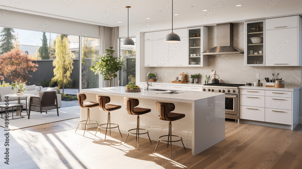 Modern Kitchen Design With White Cabinets and Wooden Stools Overlooking a Garden Modern Kitchen Design With White Cabinets and Wooden Stools Overlooking a Garden