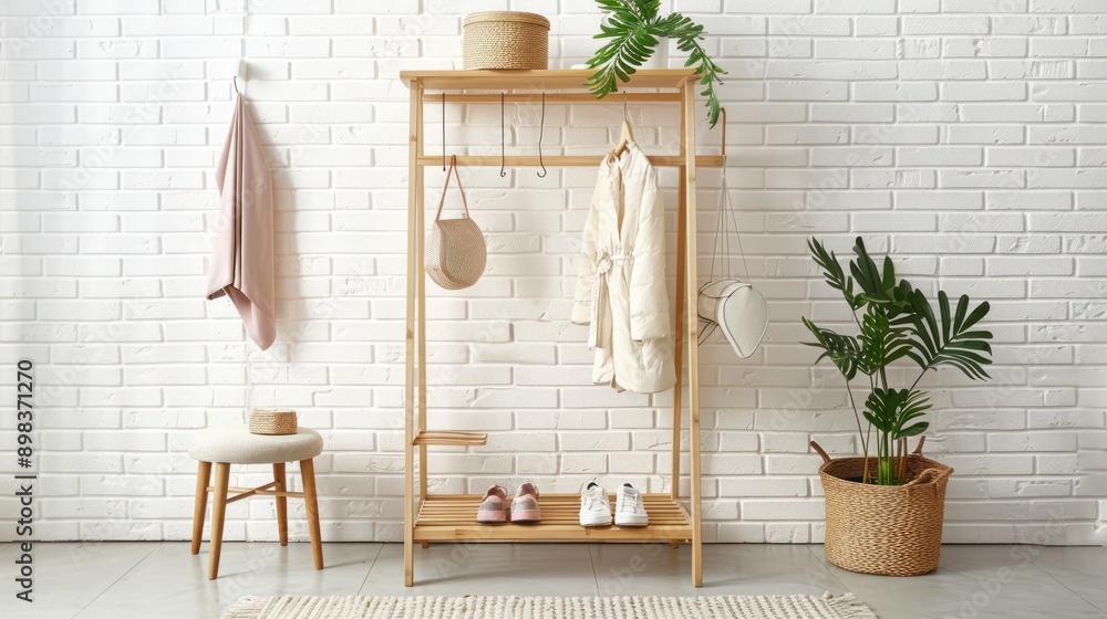 Wooden Clothes Rack with Accessories in Interior Design Wooden Clothes Rack with Accessories in Interior Design