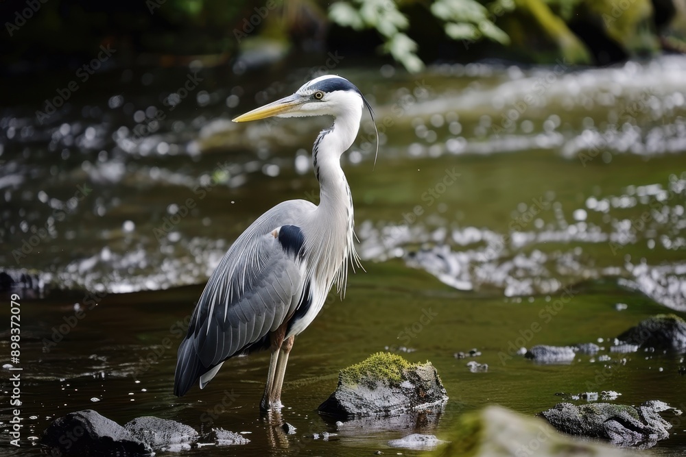 A graceful grey heron standing still in a shallow river, waiting to catch fish. A graceful grey heron standing still in a shallow river, waiting to catch fish.