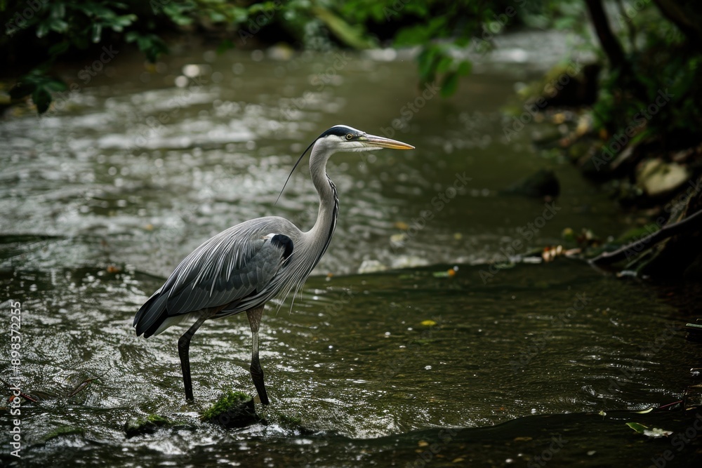 A graceful grey heron standing still in a shallow river, waiting to catch fish. A graceful grey heron standing still in a shallow river, waiting to catch fish.