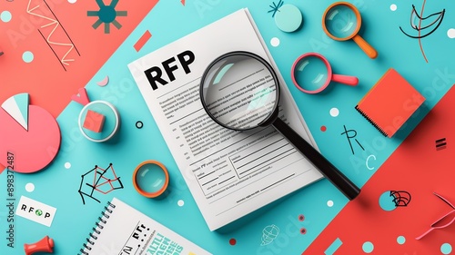 This illustration depicts the seamless integration of RFP text into an unfolding document. Magnifying glasses hover over different sections, symbolizing detailed examination and exploration of proposa