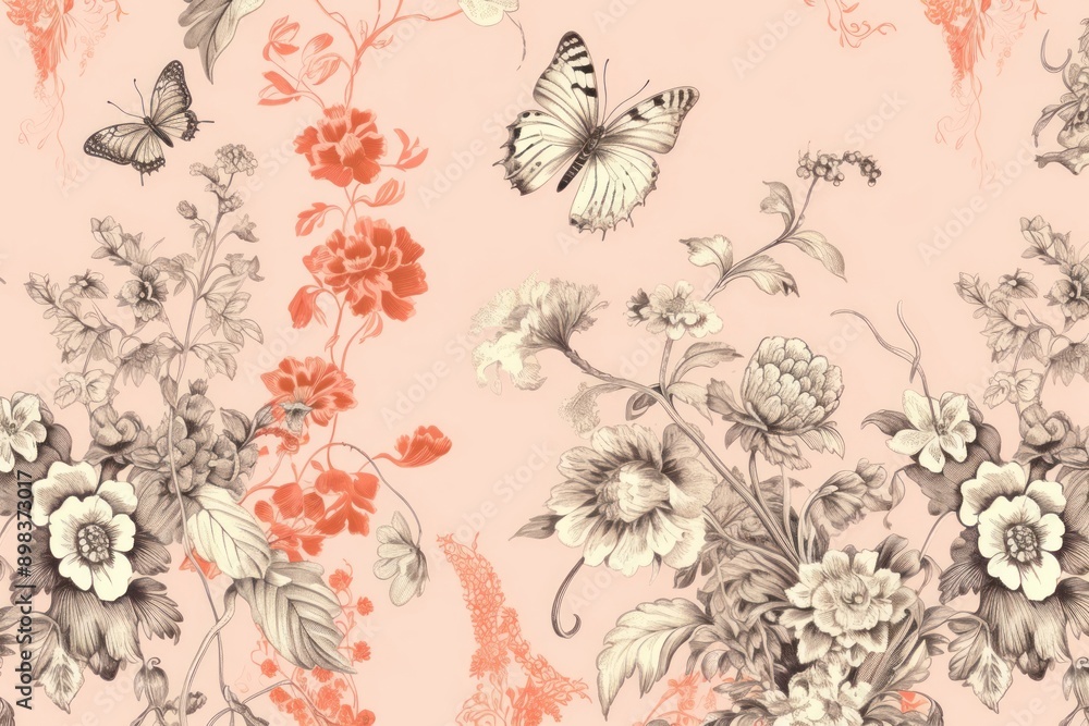 Fototapeta premium Butterfies and flowers wallpaper pattern sketch.