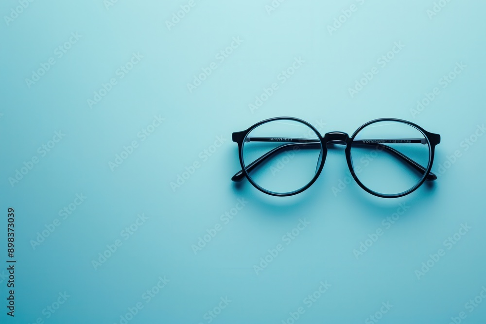 Black round eyeglasses rest on a blue background. Generative AI Black round eyeglasses rest on a blue background. Generative AI