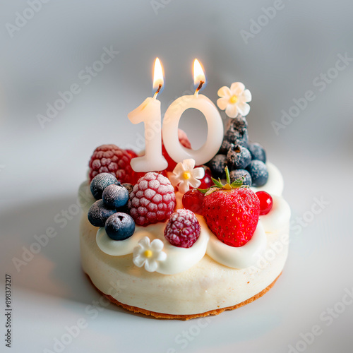 celebration of a decade with a small white cake, featuring a '10' candle, adorned with berries and cream flowers, placed on a white surface against a white background, simple and elegant design photo