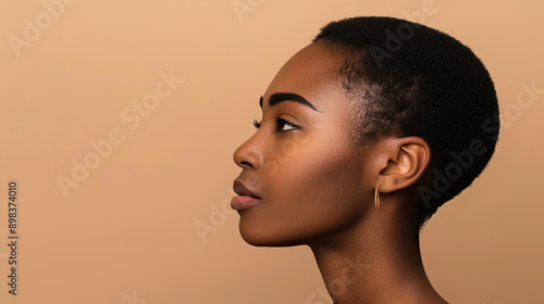 Beautiful young Black African woman model posing in profile on brown background elegant portrait graceful pose diverse beauty profile shot refined aesthetic artistic photography