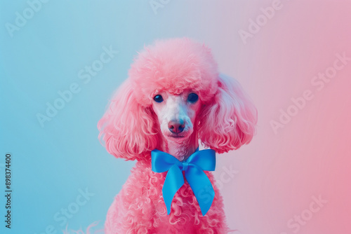 Portrait of a fluffy French poodle. Cute dog with pink dyed hair. Pastel blue and pink ombre background with copy space. photo