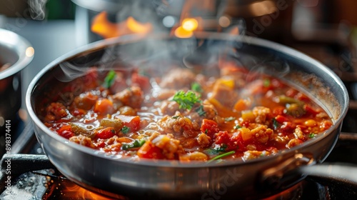 A pot of hot soup simmering on the stove