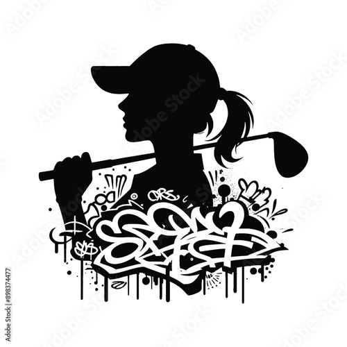 Golf  female player in graffiti tags, street art pattern illustration, emblem shield badge