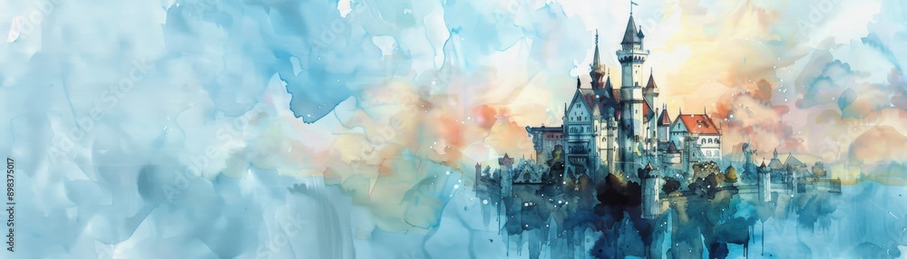 Obraz premium Fantasy castle floating in the sky, watercolor painting, whimsical details, soft pastels