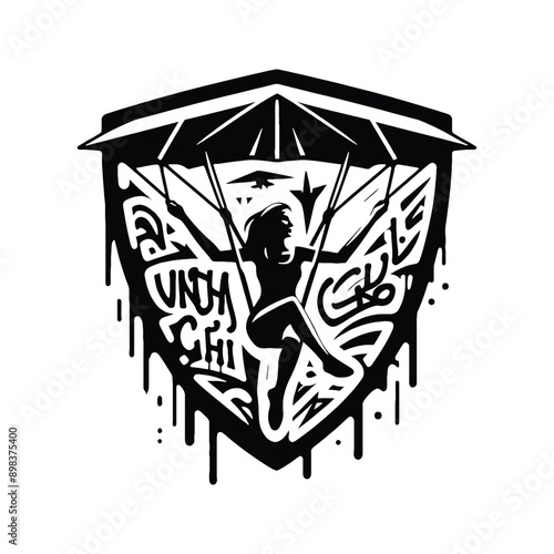 Hang Gliding  female player in graffiti tags, street art pattern illustration, emblem shield badge
