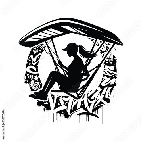 Hang Gliding  female player in graffiti tags, street art pattern illustration, emblem shield badge