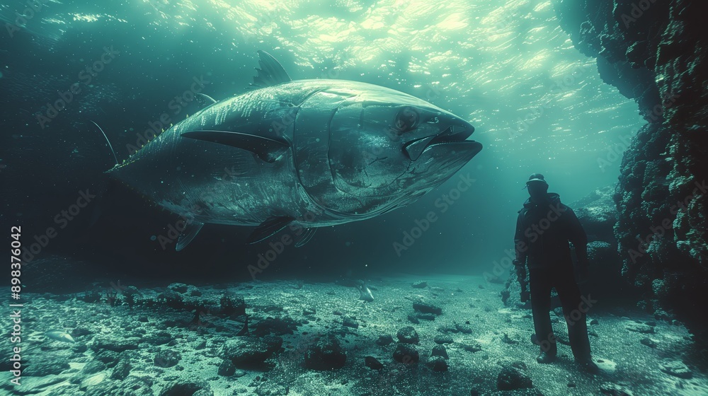 Fototapeta premium a diver standing beside a colossal tuna fish.