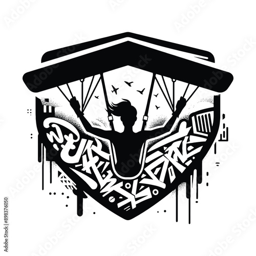 Hang Gliding  female player in graffiti tags, street art pattern illustration, emblem shield badge