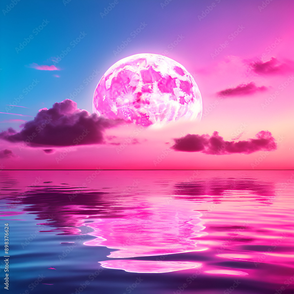A mesmerizing full moon bathes the seascape in a surreal glow, casting a vibrant pink hue on the water and clouds, creating a dreamlike atmosphere. A mesmerizing full moon bathes the seascape in a surreal glow, casting a vibrant pink hue on the water and clouds, creating a dreamlike atmosphere.