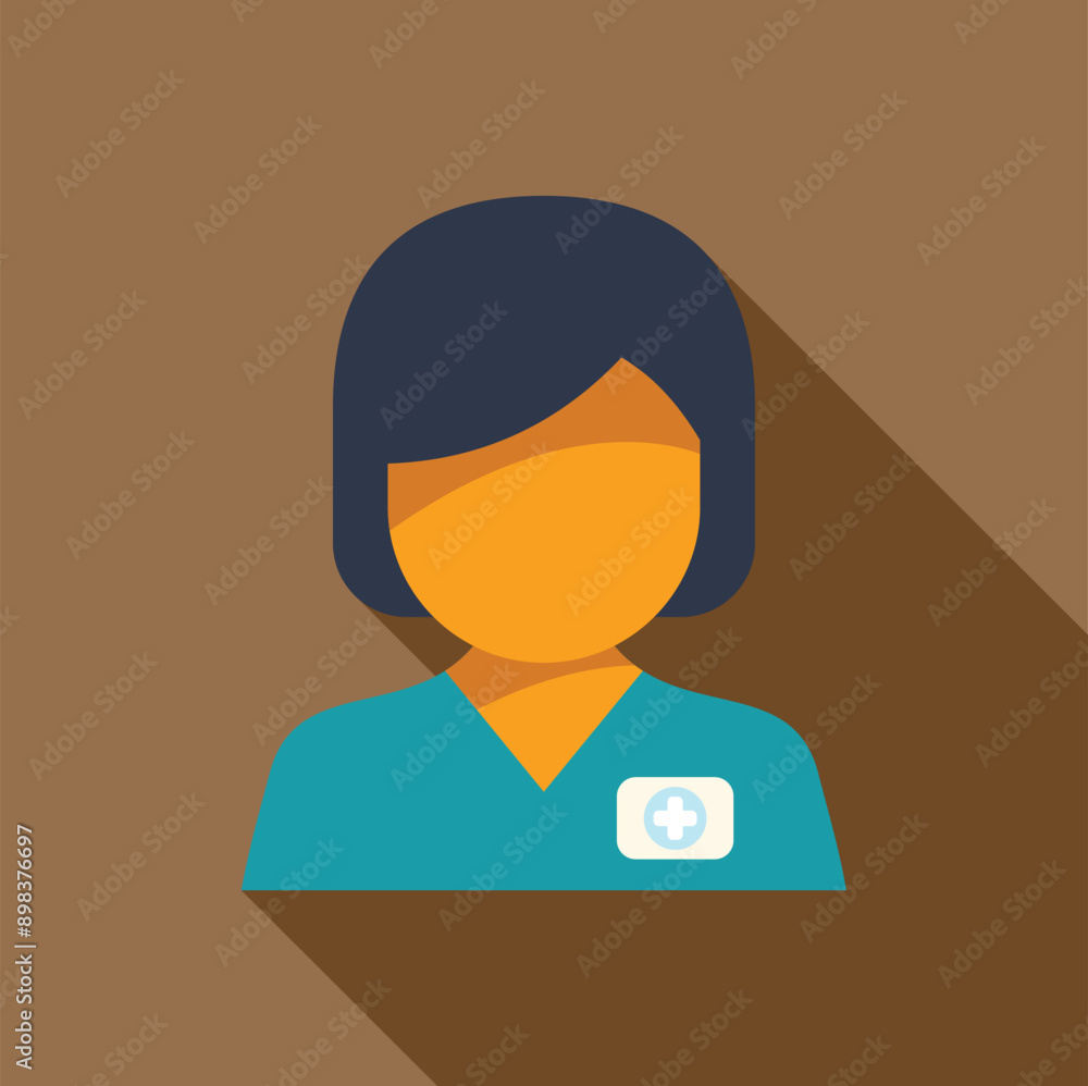 Female doctor wearing badge with cross is smiling on brown background Female doctor wearing badge with cross is smiling on brown background