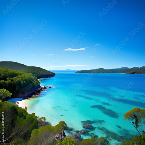 A breathtaking coastal vista unfolds, showcasing a pristine white sandy beach lapped by crystal-clear turquoise waters, framed by lush green hills under a vibrant blue sky.