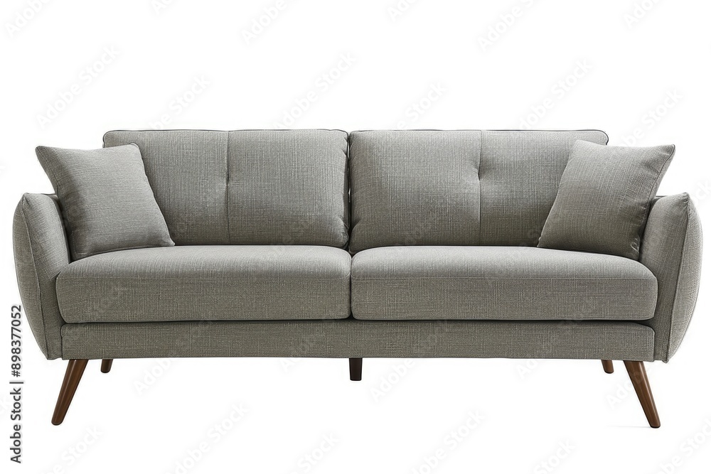 A modern grey sofa with two cushions, standing against a white background. A modern grey sofa with two cushions, standing against a white background.