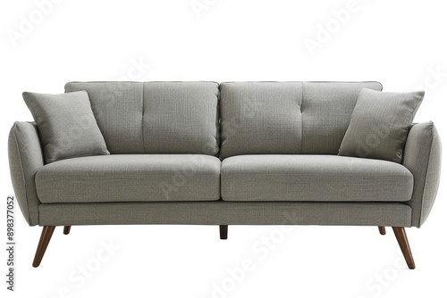 A modern grey sofa with two cushions, standing against a white background.