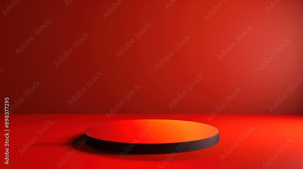 Abstract red background with a round podium for a product presentation, an orange gradient and golden light in the studio room. A mockup for design, with a minimal concept. A flat lay mock-up scene Abstract red background with a round podium for a product presentation, an orange gradient and golden light in the studio room. A mockup for design, with a minimal concept. A flat lay mock-up scene