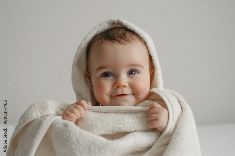 A smiling baby wrapped in a white towel A smiling baby wrapped in a white towel