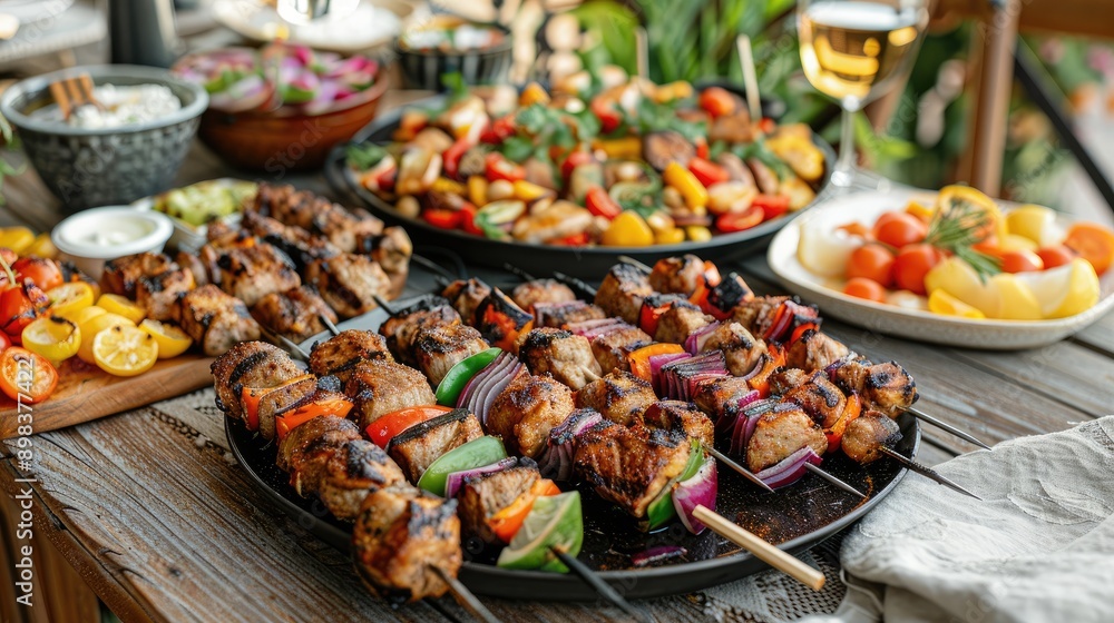 Dinner table with grilled lamb kebab, chicken skewers with roasted vegetables and appetizers variety serving on wooden outdoor table. Dinner table with grilled lamb kebab, chicken skewers with roasted vegetables and appetizers variety serving on wooden outdoor table.