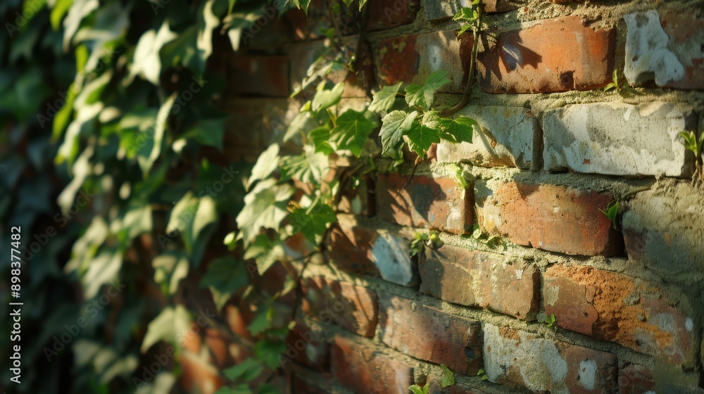 Sunlit brick wall with creeping green ivy creating a scenic and natural backdrop, perfect for outdoor and garden themes. Sunlit brick wall with creeping green ivy creating a scenic and natural backdrop, perfect for outdoor and garden themes.