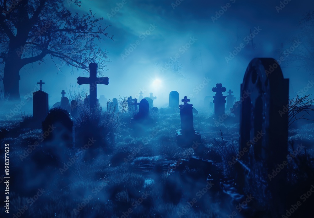 A foggy night in an eerie, blue-lit cemetery with numerous gravestones and crosses, creating a haunting atmosphere. A foggy night in an eerie, blue-lit cemetery with numerous gravestones and crosses, creating a haunting atmosphere.