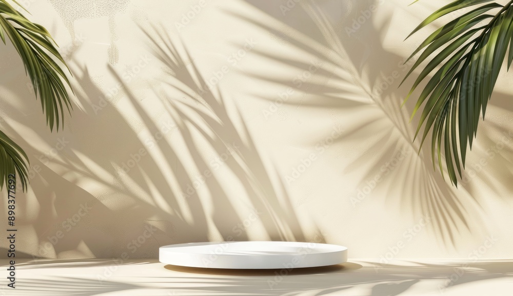 White round podium pedestal in a summer tropical background with shadows of palm leaves on a beige wall. Minimal scene for a product presentation mockup, cosmetic advertising or beauty display. 3D White round podium pedestal in a summer tropical background with shadows of palm leaves on a beige wall. Minimal scene for a product presentation mockup, cosmetic advertising or beauty display. 3D