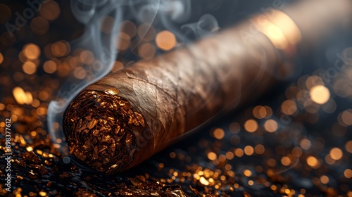 A close-up photograph capturing a lit premium cigar with glowing embers and rising smoke on an ashy surface. The dark background is illuminated by soft orange bokeh lights photo