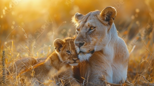 Mother Lion and Cub in Field