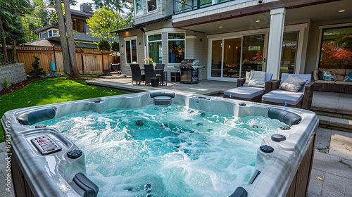 Bubbling hot tub in a backyard relaxing outdoor spa private garden area luxury comfort evening scene home retreat inviting atmosphere soothing water feature recreational space ©  Mohammad Xte