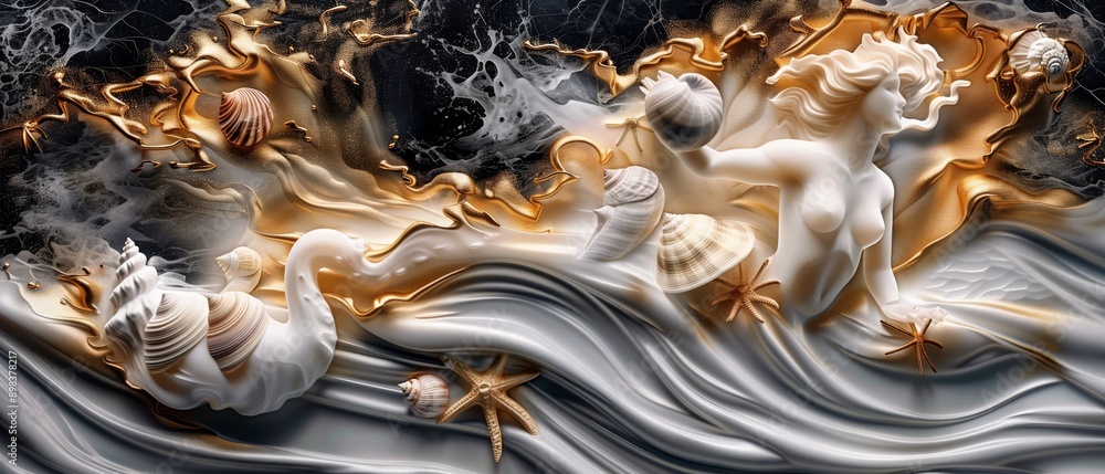 Bas-relief  of seashells swirling biege black, gold marble background, panel wall art, three-dimensional 