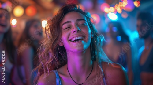 Smiling Woman With Curly Hair in Front of Group