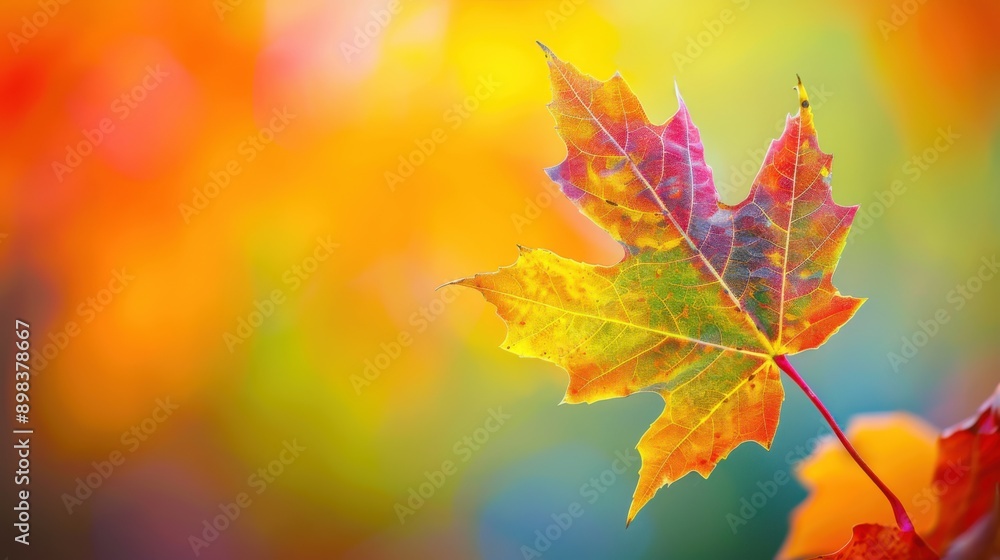 Fototapeta premium Vibrant autumn leaf with colorful blurred background, capturing the essence of the fall season in nature's vivid palette of warm hues.