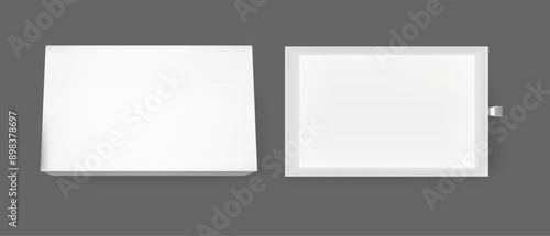 Gift slide box mockup. White open cardboard drawer package 3d mock up. Rectangle matchbox with ribbon. Blank realistic presentation pull matchbook packaging layout. Empty inner wrapper top view