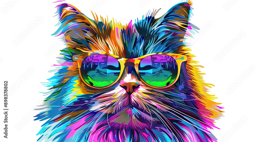 Colorful cartoon cat wearing stylish sunglasses on white background vibrant feline illustration modern pet design fun and playful animal art ideal for kids products fashion accessories and decor Colorful cartoon cat wearing stylish sunglasses on white background vibrant feline illustration modern pet design fun and playful animal art ideal for kids products fashion accessories and decor