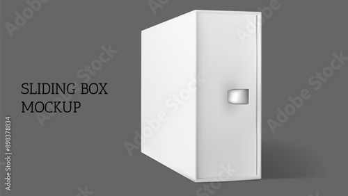 Slide box mockup. 3d cardboard drawer gift sleeve package mock up template. White close cover blank matchbox side view. Realistic pull packaging for presentation. Jewelry sliding wrapper standing