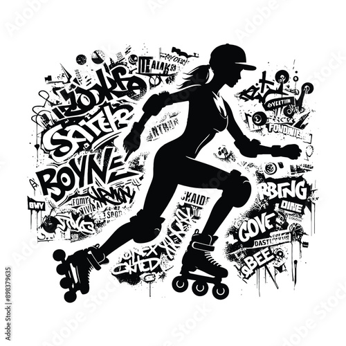 Inline Skating  female player in graffiti tags, street art pattern illustration, emblem shield badge