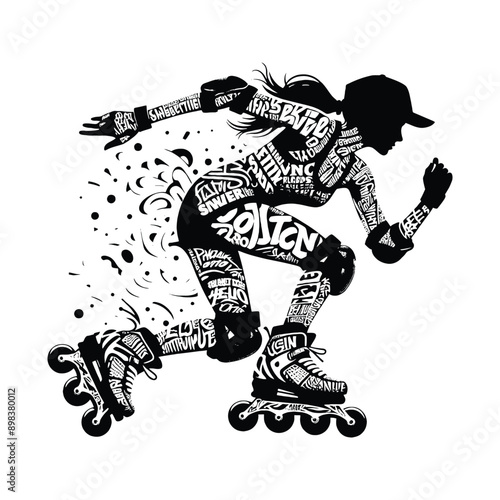 Inline Skating  female player in graffiti tags, street art pattern illustration, emblem shield badge