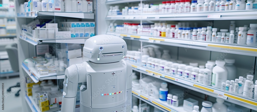 An automated medication dispensing robot in a hospital pharmacy, ensuring accurate and safe distribution of medications. An automated medication dispensing robot in a hospital pharmacy, ensuring accurate and safe distribution of medications.