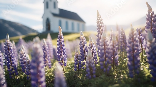 Iconic white church surrounded by blooming lupines in VÃ­k, South Iceland. photo