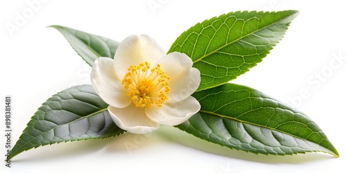 Single tea flower Camellia sinensis and leaves isolated on white background Creative AI