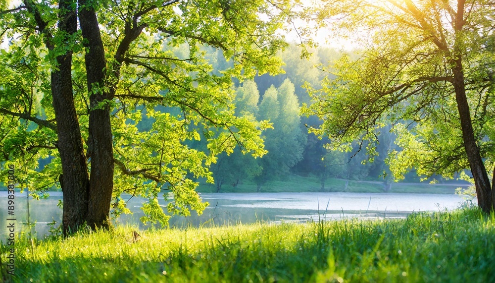 Spring Nature. Beautiful Landscape. Green Grass and Trees of the lakeside, misty morning Spring Nature. Beautiful Landscape. Green Grass and Trees of the lakeside, misty morning