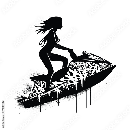 Jet Skiing  female player in graffiti tags, street art pattern illustration, emblem shield badge